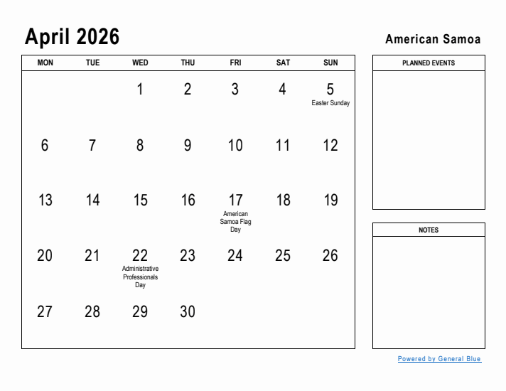 April 2026 Printable Monthly Calendar with American Samoa Holidays