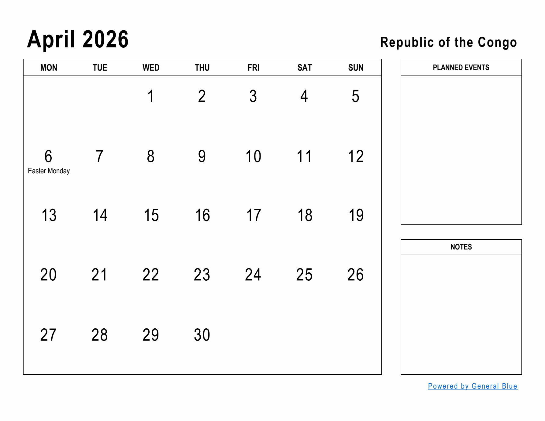 April 2026 Printable Monthly Calendar with Republic of the Congo Holidays