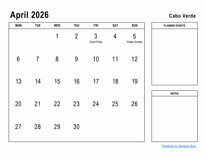 April 2026 Printable Monthly Calendar with Cabo Verde Holidays