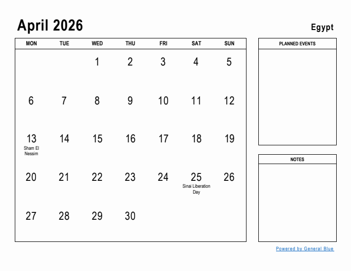 April 2026 Printable Monthly Calendar with Egypt Holidays