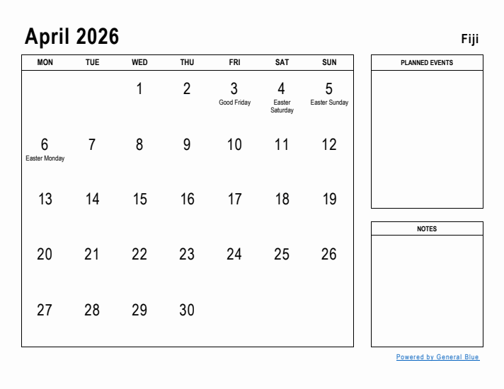 April 2026 Printable Monthly Calendar with Fiji Holidays