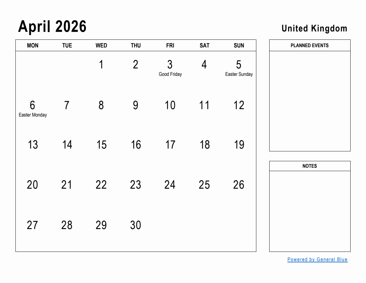 April 2026 planner with united kingdom holidays (monday start)