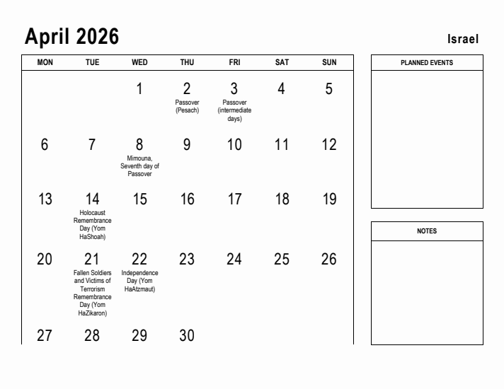 April 2026 Printable Monthly Calendar with Israel Holidays