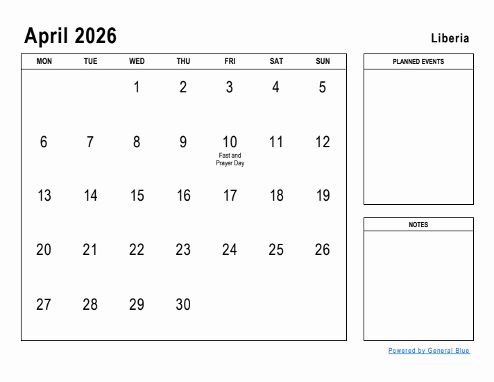April 2026 Printable Monthly Calendar with Liberia Holidays