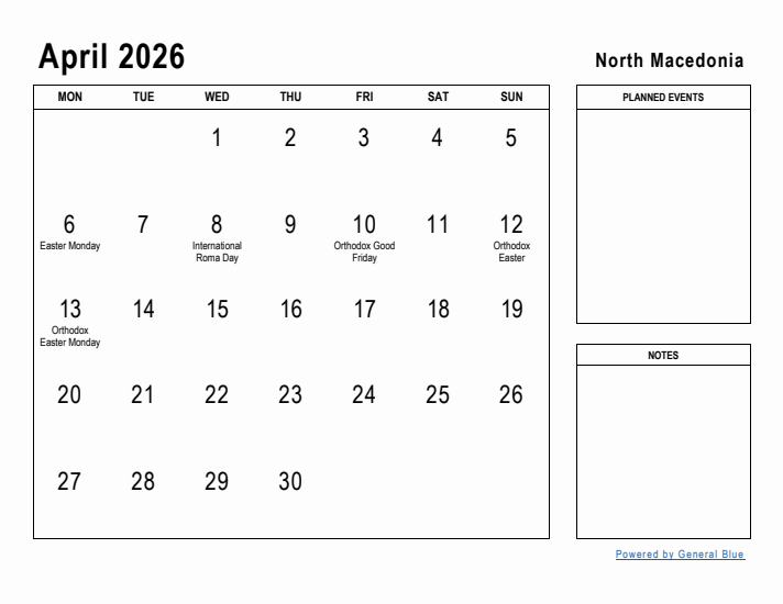 April 2026 Printable Monthly Calendar with North Macedonia Holidays