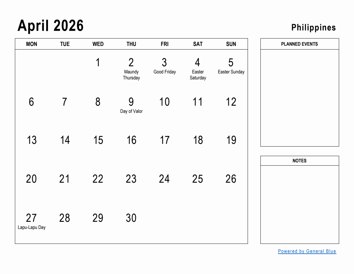 April 2026 Calendar With Holidays Philippines Printable April 2026 Calendar With Holidays Philippines Printable