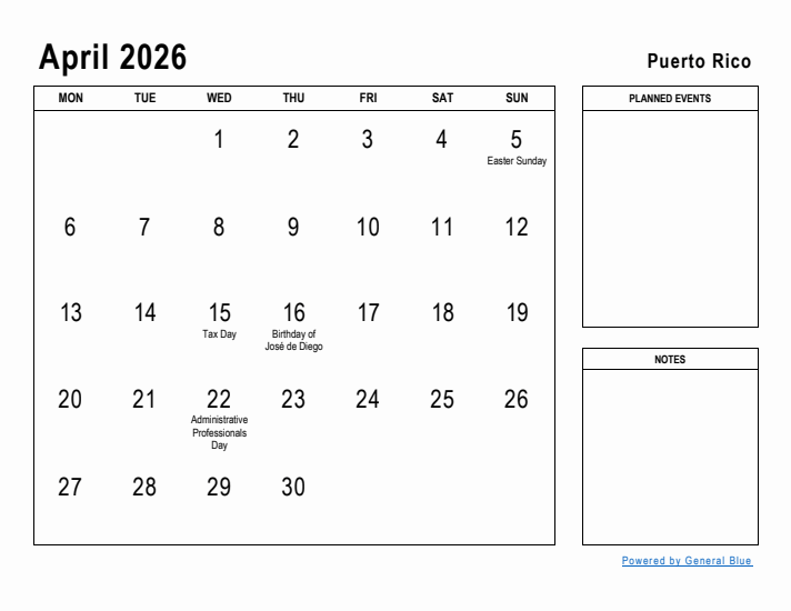 April 2026 Printable Monthly Calendar with Puerto Rico Holidays