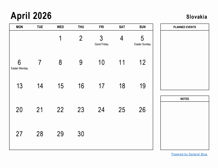 April 2026 Printable Monthly Calendar with Slovakia Holidays