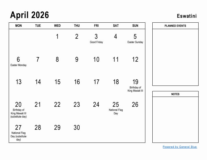 April 2026 Printable Monthly Calendar with Eswatini Holidays