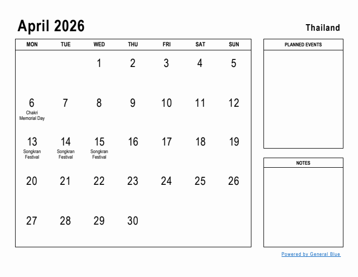 April 2026 Printable Monthly Calendar with Thailand Holidays