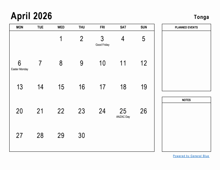 April 2026 Printable Monthly Calendar with Tonga Holidays