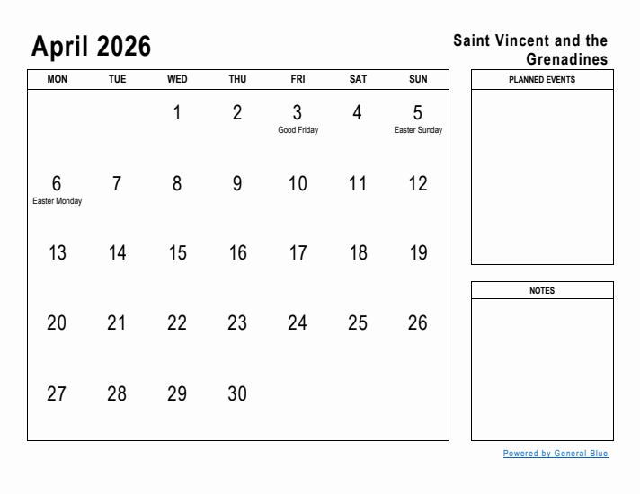 April 2026 Printable Monthly Calendar with Saint Vincent and the Grenadines Holidays