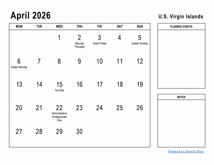 April 2026 Printable Monthly Calendar with U.S. Virgin Islands Holidays