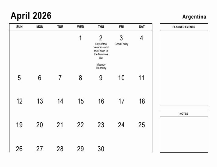 April 2026 Printable Monthly Calendar with Argentina Holidays