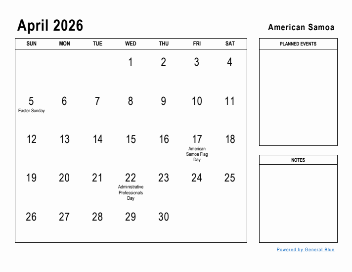 April 2026 Printable Monthly Calendar with American Samoa Holidays