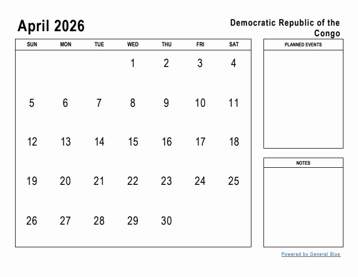 April 2026 Printable Monthly Calendar with Democratic Republic of the Congo Holidays