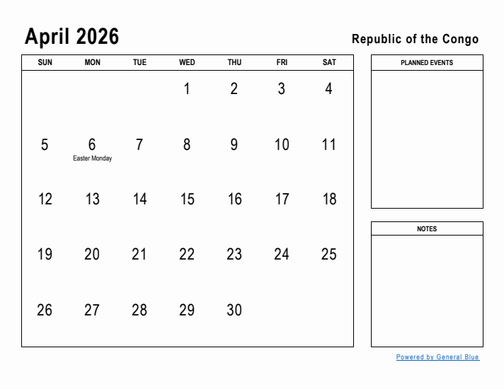 April 2026 Printable Monthly Calendar with Republic of the Congo Holidays