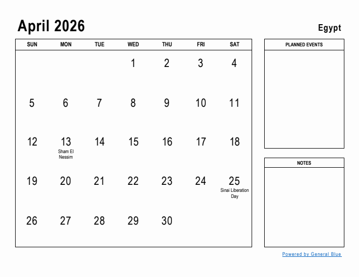 April 2026 Printable Monthly Calendar with Egypt Holidays