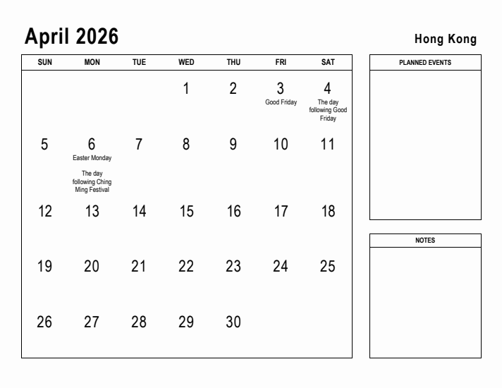 April 2026 Printable Monthly Calendar with Hong Kong Holidays