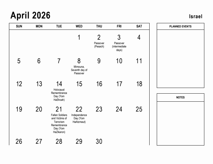 April 2026 Printable Monthly Calendar with Israel Holidays