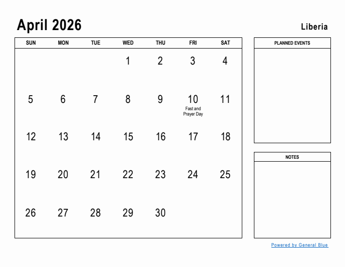 April 2026 Printable Monthly Calendar with Liberia Holidays