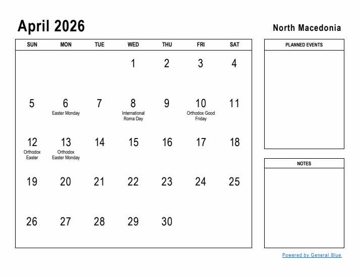 April 2026 Printable Monthly Calendar with North Macedonia Holidays