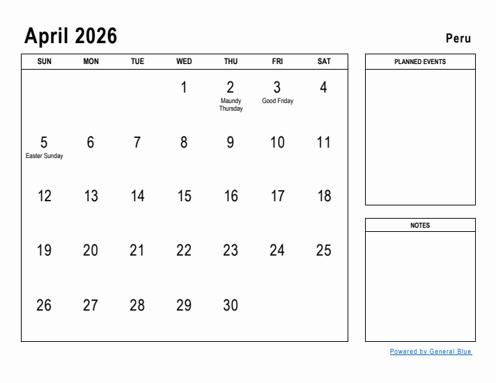 April 2026 Printable Monthly Calendar with Peru Holidays