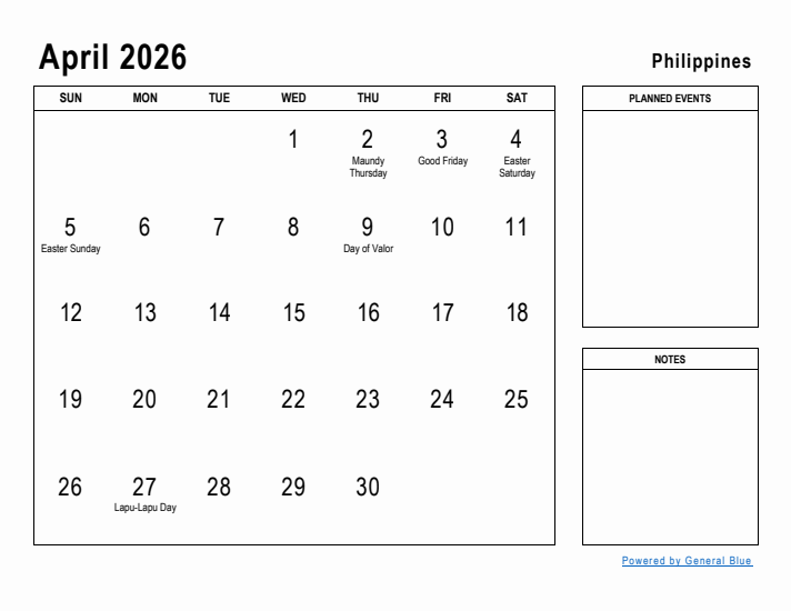 April 2026 Printable Monthly Calendar with Philippines Holidays
