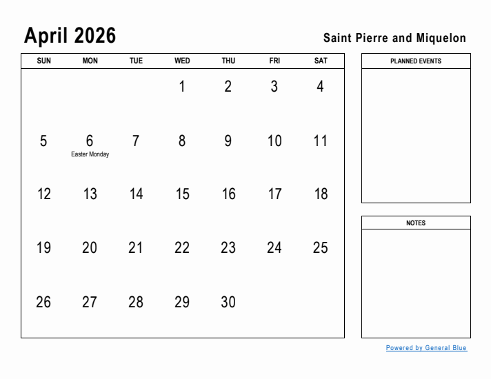 April 2026 Printable Monthly Calendar with Saint Pierre and Miquelon Holidays