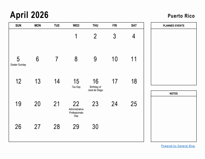 April 2026 Printable Monthly Calendar with Puerto Rico Holidays