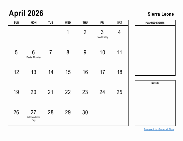 April 2026 Printable Monthly Calendar with Sierra Leone Holidays