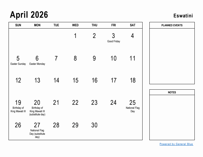 April 2026 Printable Monthly Calendar with Eswatini Holidays