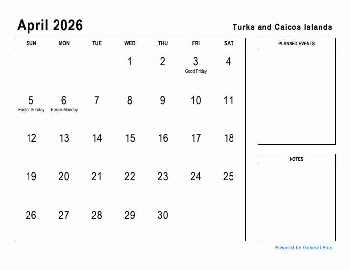 April 2026 Printable Monthly Calendar with Turks and Caicos Islands Holidays