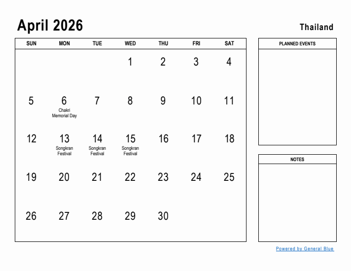 April 2026 Printable Monthly Calendar with Thailand Holidays