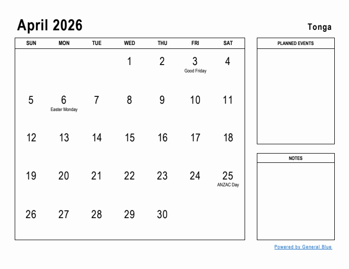 April 2026 Printable Monthly Calendar with Tonga Holidays