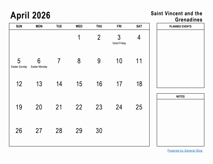 April 2026 Printable Monthly Calendar with Saint Vincent and the Grenadines Holidays