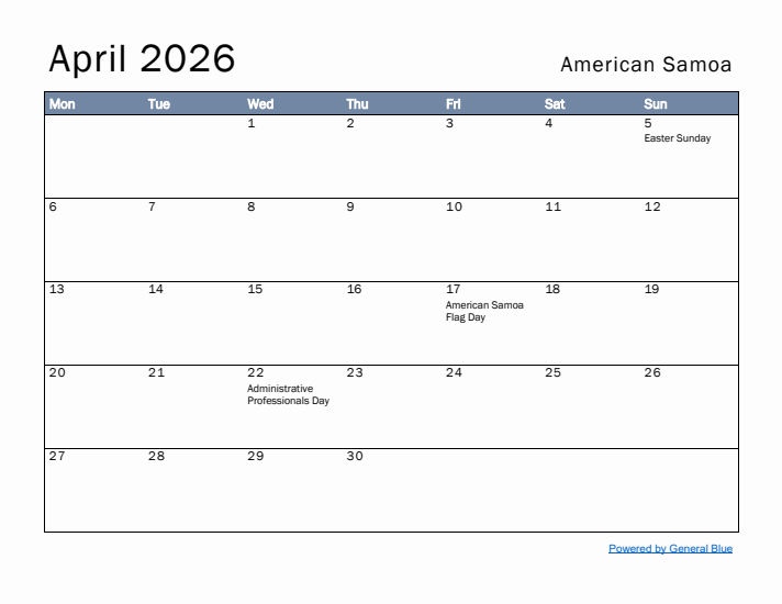 April 2026 Simple Monthly Calendar for American Samoa