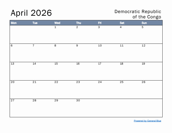 April 2026 Simple Monthly Calendar for Democratic Republic of the Congo