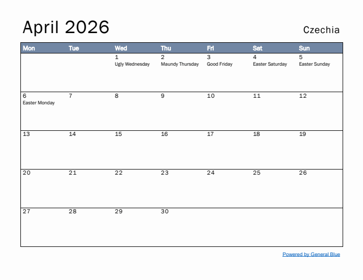 April 2026 Simple Monthly Calendar for Czechia