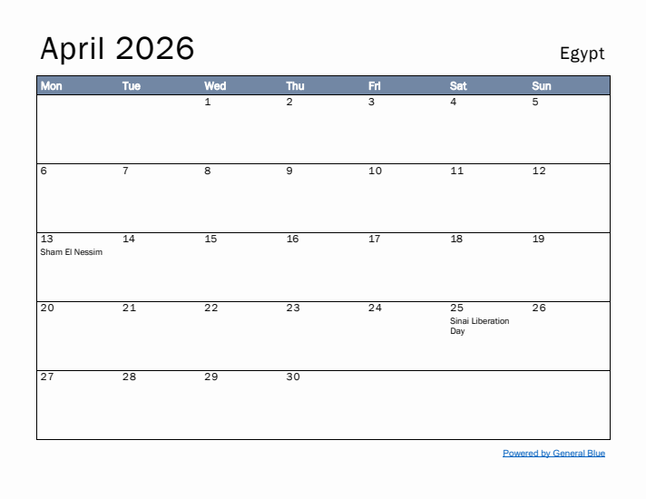 April 2026 Simple Monthly Calendar for Egypt