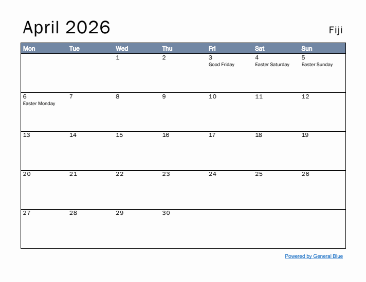 April 2026 Simple Monthly Calendar for Fiji