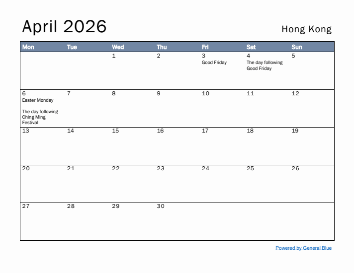 April 2026 Simple Monthly Calendar for Hong Kong