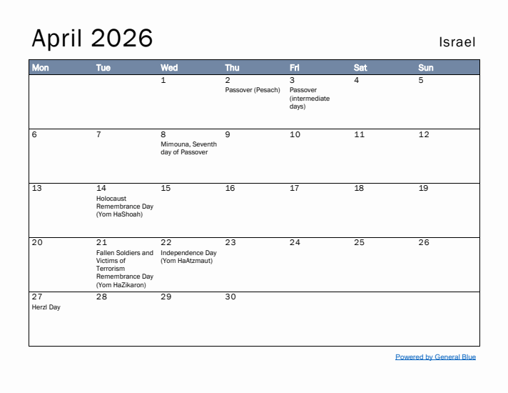 April 2026 Simple Monthly Calendar for Israel
