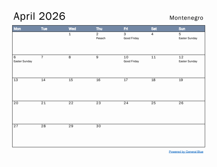 April 2026 Simple Monthly Calendar for Montenegro