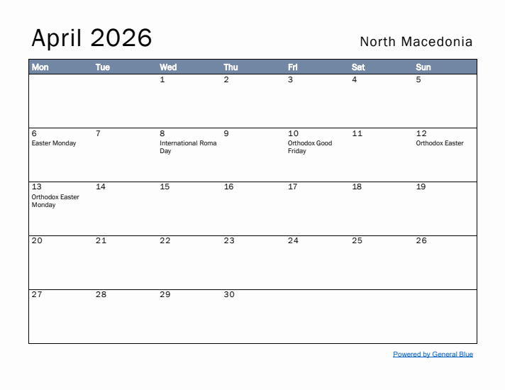 April 2026 Simple Monthly Calendar for North Macedonia