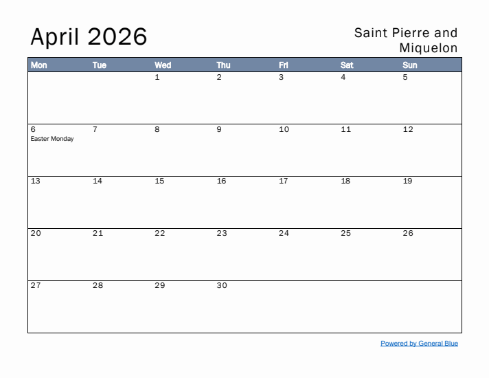 April 2026 Simple Monthly Calendar for Saint Pierre and Miquelon