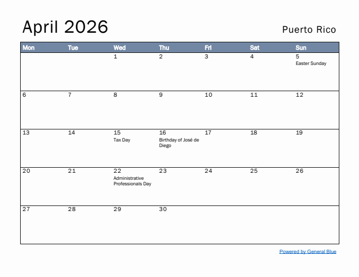 April 2026 Simple Monthly Calendar for Puerto Rico