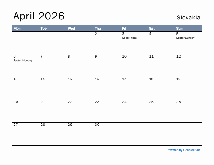 April 2026 Simple Monthly Calendar for Slovakia
