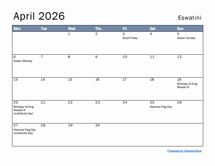April 2026 Simple Monthly Calendar for Eswatini