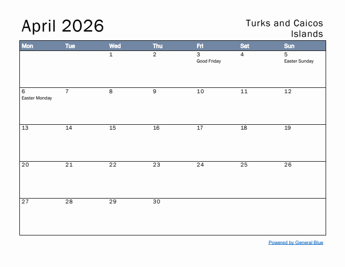 April 2026 Simple Monthly Calendar for Turks and Caicos Islands